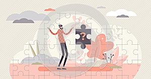 Missing piece concept, flat tiny confused person vector illustration