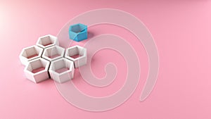 Missing piece concept, hexagons on pink background 3d illustration