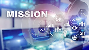 Mission business concept. Finacial success chart concept on virtual screen. Abstract business background. photo