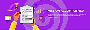 Mission complete landing page template. Complete task, accomplishment or project done checklist