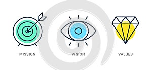 Mission target goal strategy concept. Vision eye line vector business view pictogram design. Corporate diamond success