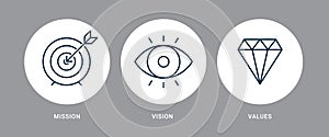 Mission target goal strategy concept. Vision eye line vector business view pictogram design. Corporate diamond success