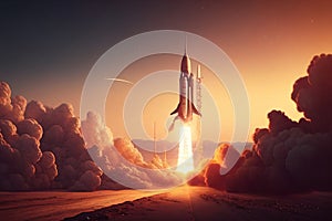 Mission to Mars. Illustration of a spaceship taking off into space from the planet Mars. Red coloring.