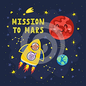 Mission to Mars print with cute animals flying in rocket. Funny card in cartoon style