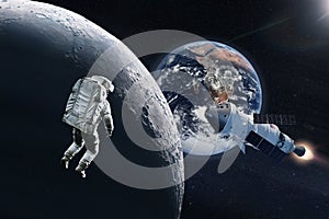 Mission to the Moon. Spaceman and Orion spaceship. Elements of this image furnished by NASA