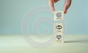 Mission, vision and values of company. Purpose business concept. Hand holds wooden cube with mission vision and values symbols on