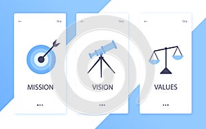 Mission, vision and values flat style design icons signs web concepts vector illustration set isolated on white