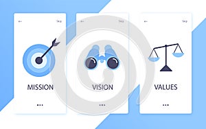 Mission, vision and values flat style design icons signs web concepts vector illustration set isolated on white