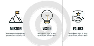 Mission Vision and Values Icon Set with mission statement, vision icon, etc