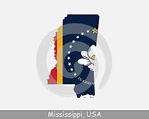Mississippi Map Flag. Map of MS, USA with the state flag isolated on white background. United States, America, American, United St