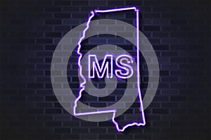 Mississippi map glowing neon lamp or glass tube on a black brick wall