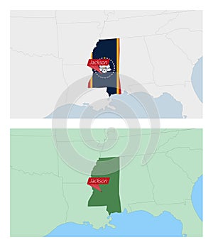 Mississippi map with pin of country capital. Two types of Mississippi map with neighboring countries