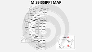 Mississippi Map. State and district map of Mississippi. Administrative map of Mississippi with district and capital in white color