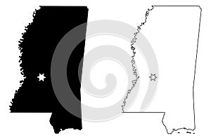 Mississippi MS state Map USA with Capital City Star at Jackson. Black silhouette and outline isolated on a white background. EPS