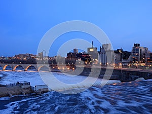 Mississippi river in downtown Minneapolis at dusk