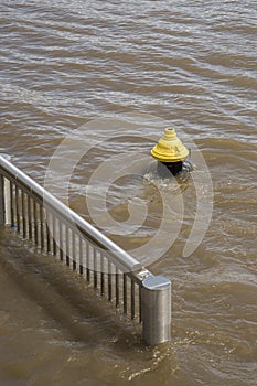 Mississippi river flood water,fireplug,railing,