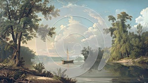 Mississippi River: Vintage Fishing Boat in 18th Century Painting