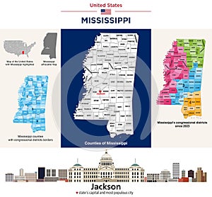 Mississippi\'s counties map and congressional districts since 2023 map. Jackson skyline