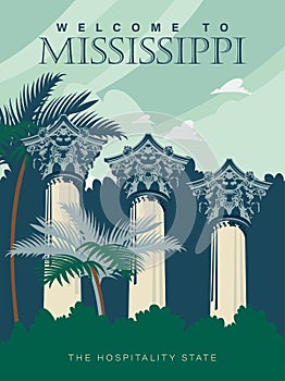 Mississippi sightseeings on a travel poster in vintage design with a retro palette. Hospitality state