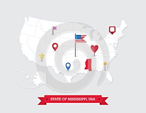Mississippi State map highlighted on USA map