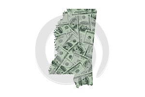 Mississippi State Map Outline and United States Money Concept, Hundred Dollar Bills