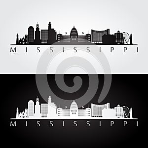 Mississippi state skyline and landmarks silhouette