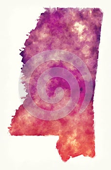 Mississippi state USA watercolor map in front of a white background