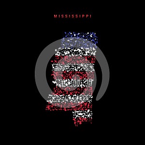 Mississippi US state flag map, chaotic particles pattern in the american flag colors. Vector illustration