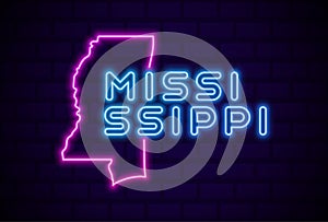 Mississippi US state glowing neon lamp sign Realistic vector illustration Blue brick wall glow