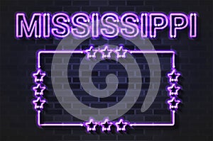 Mississippi US State glowing violet neon letters and starred frame on a black brick wall