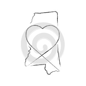 Mississippi US state hand drawn pencil sketch outline map with the handwritten heart shape. Vector illustration