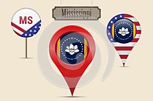 Mississippi US state round flag. Map pin, red map marker, location pointer. Hanging wood sign. Vector illustration