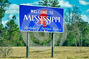 MISSISSIPPI, USA - FEBRUARY 12, 2016: Welcome road sign to Mississippi on a sunny day