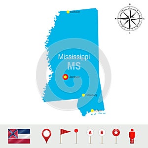 Mississippi Vector Map Isolated on White Background. Detailed Silhouette of Mississippi. Official Flag of Mississippi