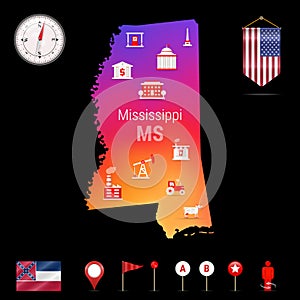 Mississippi Vector Map, Night View. Compass Icon, Map Navigation Elements. Pennant Flag of the USA. Industries Icons