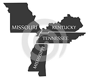 Missouri - Kentucky - Tennessee - Mississippi Map labelled black