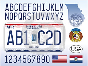 Missouri state license plate pattern with letters and numbers, USA