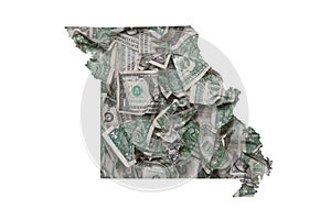 Missouri State Map Outline with Crumpled Dollars, Government Waste of Money Concept