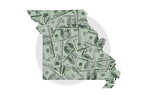 Missouri State Map Outline and United States Money Concept, Hundred Dollar Bills