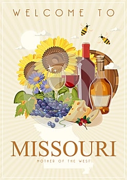 Missouri is a US state. Wine and grape. Tourist postcard and souvenir. Beautiful places of the United States of America on poste