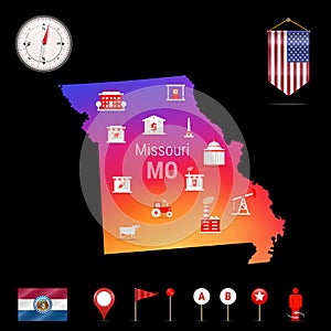 Missouri Vector Map, Night View. Compass Icon, Map Navigation Elements. Pennant Flag of the USA. Industries Icons