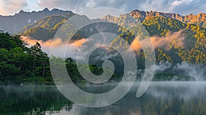 Mist and clouds over distant mountains