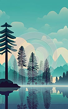 A mist-covered riverbank with towering pine trees.illustration