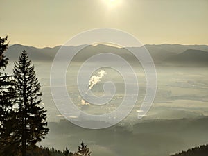 Mist inversion in the woods and mountains during autumn and winter.