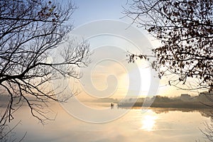 Mist morning at the lake. Autumn