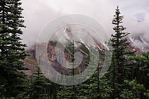 Mist in the mountains after rain - the beautiful Rocky Mountains in Alberta. Tourism - hiking, rest and recovery.