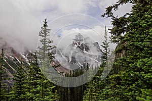 Mist in the mountains after rain - the beautiful Rocky Mountains in Alberta. Tourism - hiking, rest and recovery.