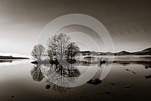 Mist over Loch Lomond in black and white