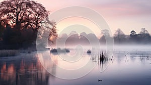 Mist rising and tranquil lake at dawn in nature