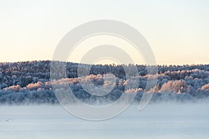 Mist, sunrise, dancing fairies create a dreamy scene. Beautiful morning at dawn